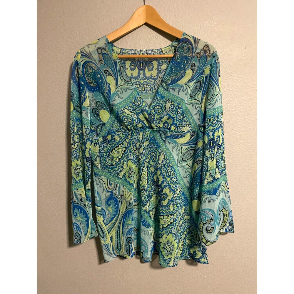Vintage Womens Top Size XL Green Blue Paisley Babydoll Sheer Fairy Boho 90s Y2K